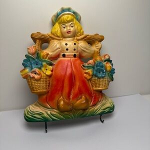 Vintage Favor Ware Chalkware Wall Decor Plaque Art Ornament Kitsch Girl Flowers
